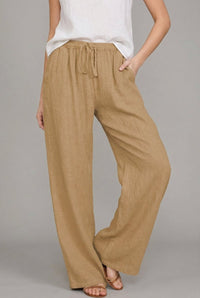 Charlotte | Damen Leinen Wide Leg Pants mit elastischem Kordelzugbund in Khaki