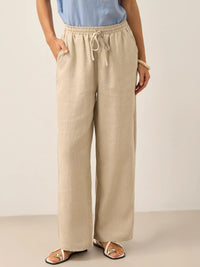 Damen Leinenhose mit weitem Bein und Kordelzug in Khaki