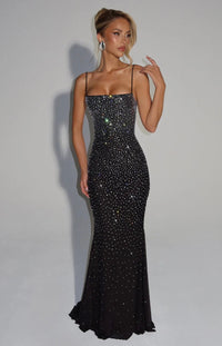 Damen Maxi Kleid mit geradem Ausschnitt Spaghettiträgern und Strassstein Besatz in Schwarz