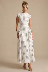 Damen Maxi-Kleid mit Rundhalsausschnitt und Polka-Dot-Muster in Weiß