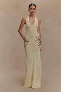 Damen Maxi Kleid mit tiefem V-Ausschnitt und Pailletten Applikationen an den Seiten in Elfenbein