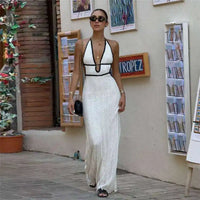 Damen Maxi Kleid mit V-Ausschnitt Neckholder Trägern schwarzem Kontrastbesatz und Häkelstruktur in Weiß