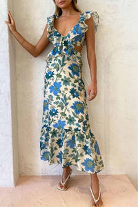 Damen Maxi-Kleid mit V-Ausschnitt und Rüschenträgern mit seitlichen Aussparungen und Bindeverschluss am Rücken in Blau