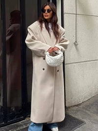 Damen Maxi Mantel mit Reverskragen und doppelreihiger Knopfleiste in Beige