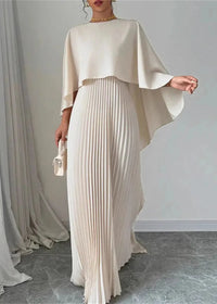 Damen Maxikleid mit Asymmetrischem Cape-Überwurf Plisseerock und Rundhals in Beige