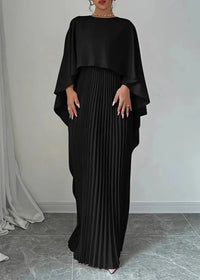 Damen Maxikleid mit Asymmetrischem Cape-Überwurf Plisseerock und Rundhals in Schwarz