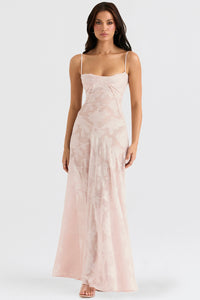 Damen Maxikleid mit Eingewebten Motiven Spaghettiträgern Herzausschnitt und Sichtbaren Nähten in Rosa