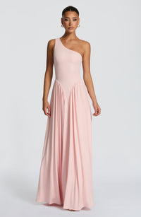 Damen Maxikleid mit Einschulter Ausschnitt und Gerafften Paneelen an der Hüfte in Rosa