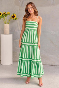 Damen Maxikleid mit geradem Ausschnitt und Spaghettiträgern mit Stufenrock und Streifenmuster in Grün