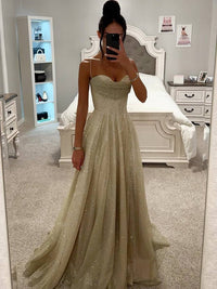 Damen Maxikleid mit Herzausschnitt Spaghettiträgern und glitzerndem Tüllrock in Champagnerfarben