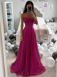 Damen Maxikleid mit Herzausschnitt Spaghettiträgern und glitzerndem Tüllrock in Dunkelrosa