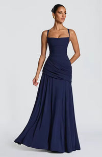 Damen Maxikleid mit Herzausschnitt und asymmetrischer Raffung in Dunkelblau
