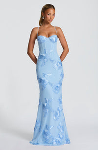 Damen Maxikleid mit Herzausschnitt und Spaghettiträgern mit Schnürung am Rücken und Blumenapplikationen in Hellblau