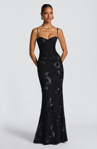 Damen Maxikleid mit Herzausschnitt und Spaghettiträgern mit Schnürung am Rücken und Blumenapplikationen in Schwarz