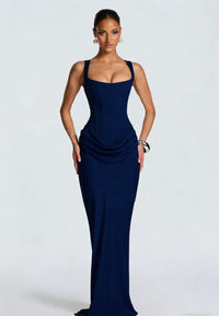 Damen Langes Kleid mit Korsettoberteil breiten Schulterträgern und seitlicher Raffung in Marineblau