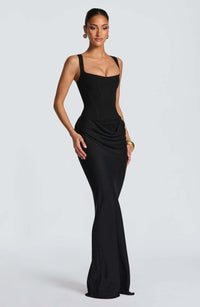 Damen Maxikleid mit Korsettoberteil und Breiten Schulterträgern in Schwarz