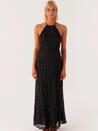 Damen Maxikleid mit Nackenbindung Offenem Rücken und Strukturierter Oberfläche in Schwarz