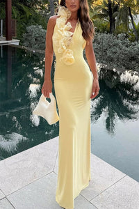 Damen Maxikleid mit Neckholder Träger und 3D-Blütenapplikationen in Gelb
