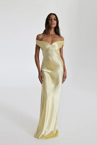 Damen Maxikleid mit Off-Shoulder-Ausschnitt V-Dekolleté und Bodenlanger Länge in Gelb
