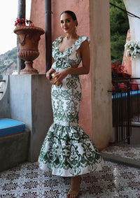 Damen Maxikleid mit Ornamentmuster V-Ausschnitt Rüschenträgern und offenem Rücken in Grün mit Muster