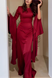 Damen Maxikleid mit Rundhalsausschnitt und Langen Volantärmeln in Rot