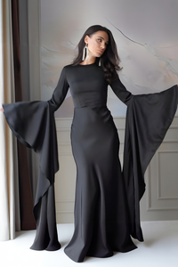 Damen Maxikleid mit Rundhalsausschnitt und Langen Volantärmeln in Schwarz