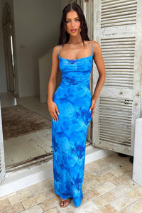 Damen Maxikleid mit Spaghettiträgern Drapierter Brustpartie Schnürung am Rücken und Blumenmuster in Blau