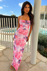 Damen Maxikleid mit Spaghettiträgern Drapierter Brustpartie Schnürung am Rücken und Blumenmuster in Rosa