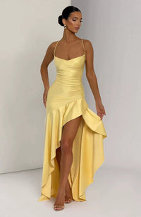 Damen Maxikleid mit Spaghettiträgern und Asymmetrischem Saum in Gelb