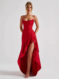 Damen Maxikleid mit Spaghettiträgern und Asymmetrischem Saum in Rot