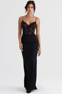 Damen Maxikleid mit Spaghettiträgern und halbtransparentem Spitzenoberteil mit Herzausschnitt in Schwarz