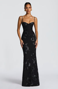 Damen Maxikleid mit Spaghettiträgern und Herzausschnitt mit erhabenen floralen Applikationen in Schwarz
