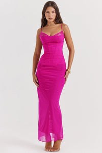 Damen Maxikleid mit Spaghettiträgern und Spitzenbesatz mit gerafftem Oberteil in Roze