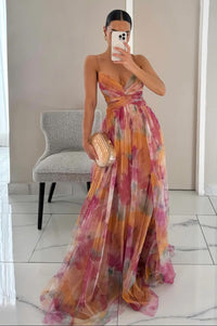 Damen Langes Kleid mit Blumenmuster Spaghettiträgern tiefem V-Ausschnitt und überkreuztem Oberteil in Orange