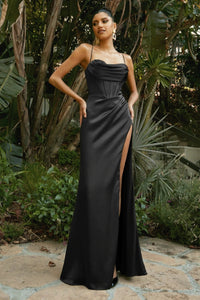 Damen Maxikleid mit Spaghettiträgern Wasserfallausschnitt und hohem Seitenschlitz in Schwarz