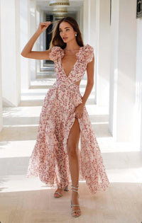 Damen Maxikleid mit tiefem V-Ausschnitt und Rüschenärmeln mit seitlichen Ausschnitten und Blumenmuster in Rosa