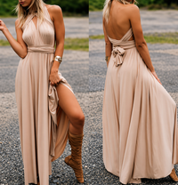 Damen Maxikleid mit überkreuztem Halsteil in Champagner