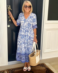 Damen Maxikleid mit V-Ausschnitt Knopfleiste und Blumenmuster in Blau
