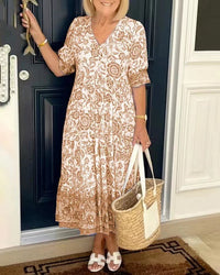 Damen Maxikleid mit V-Ausschnitt Knopfleiste und Blumenmuster in Braun