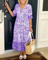 Damen Maxikleid mit V-Ausschnitt Knopfleiste und Blumenmuster in Lila