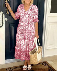Damen Maxikleid mit V-Ausschnitt Knopfleiste und Blumenmuster in Rosa