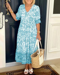 Damen Maxikleid mit V-Ausschnitt Knopfleiste und Blumenmuster in Türkis