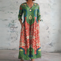 Damen Maxikleid mit V-Ausschnitt Langärmeln und mehrfarbigem Muster in Grün