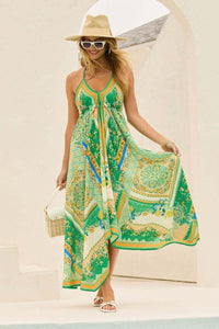 Damen Maxikleid mit V-Ausschnitt und Spaghettiträgern mit offenem Rücken und Zipfelsaum in Grün