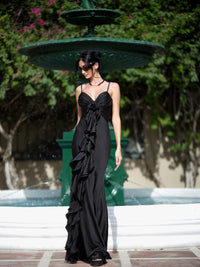 Damen Maxikleid mit V-Ausschnitt und Spaghettiträgern mit Rosette und Rüschenbesatz in Schwarz