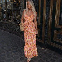 Damen Maxikleid mit V-Ausschnitt und Volantträgern mit seitlichen Ausschnitten und Blumenmuster in Orange