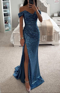 Damen Maxikleid schulterfrei mit Herzausschnitt Paillettenoberfläche und hohem Seitenschlitz in Türkis