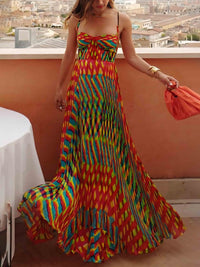Damen Mehrfarbiges Maxikleid mit Spaghettiträgern und Herzförmigem Dekolleté mit Plisseerock in Mehrfarbig