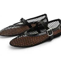 Damen Mesh Mary Jane Ballerinas mit Schnalle in Schwarz