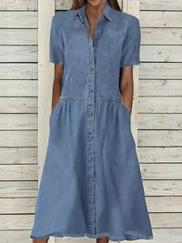 Damen Midi Jeanskleid mit Kentkragen und Knopfleiste in Blau